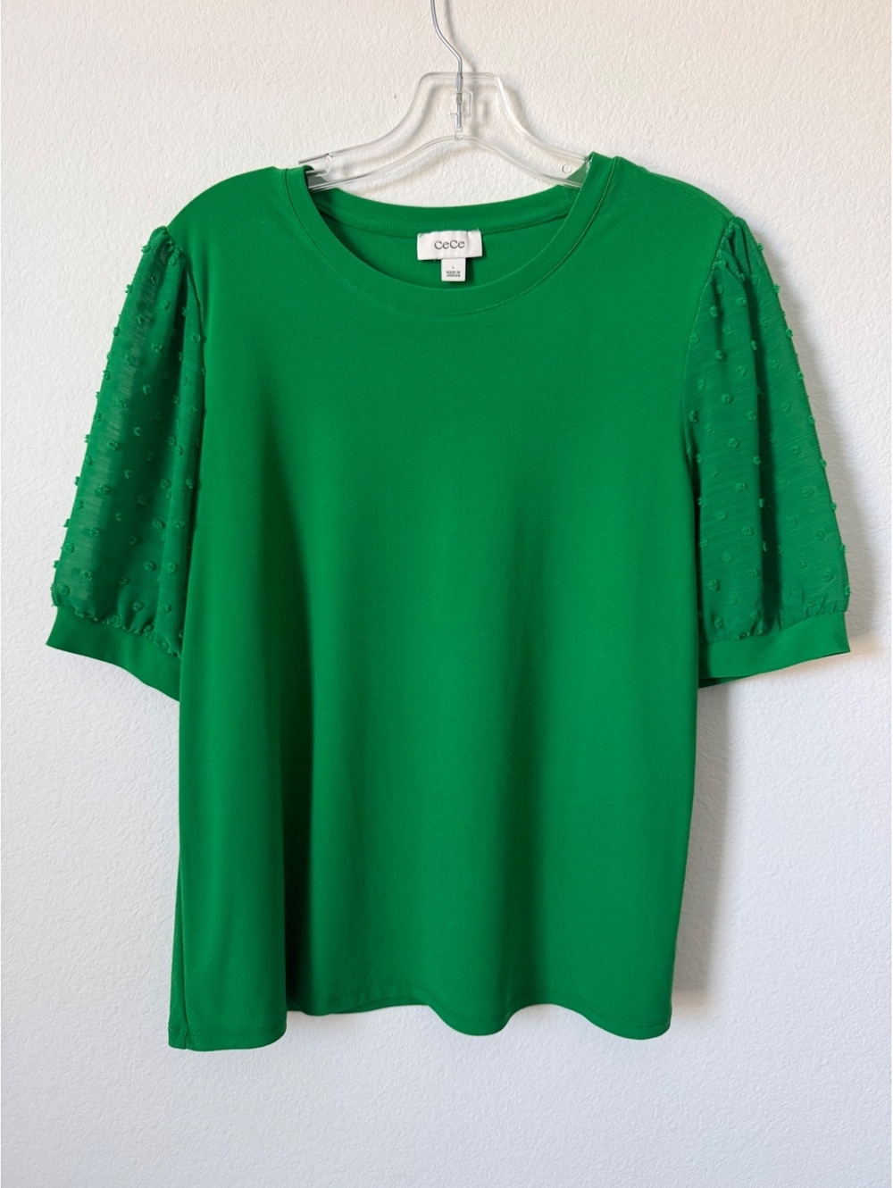 CeCe Kelly Green Textured Dot Short Sleeve Round Neck Stretch T-Shirt Size L
